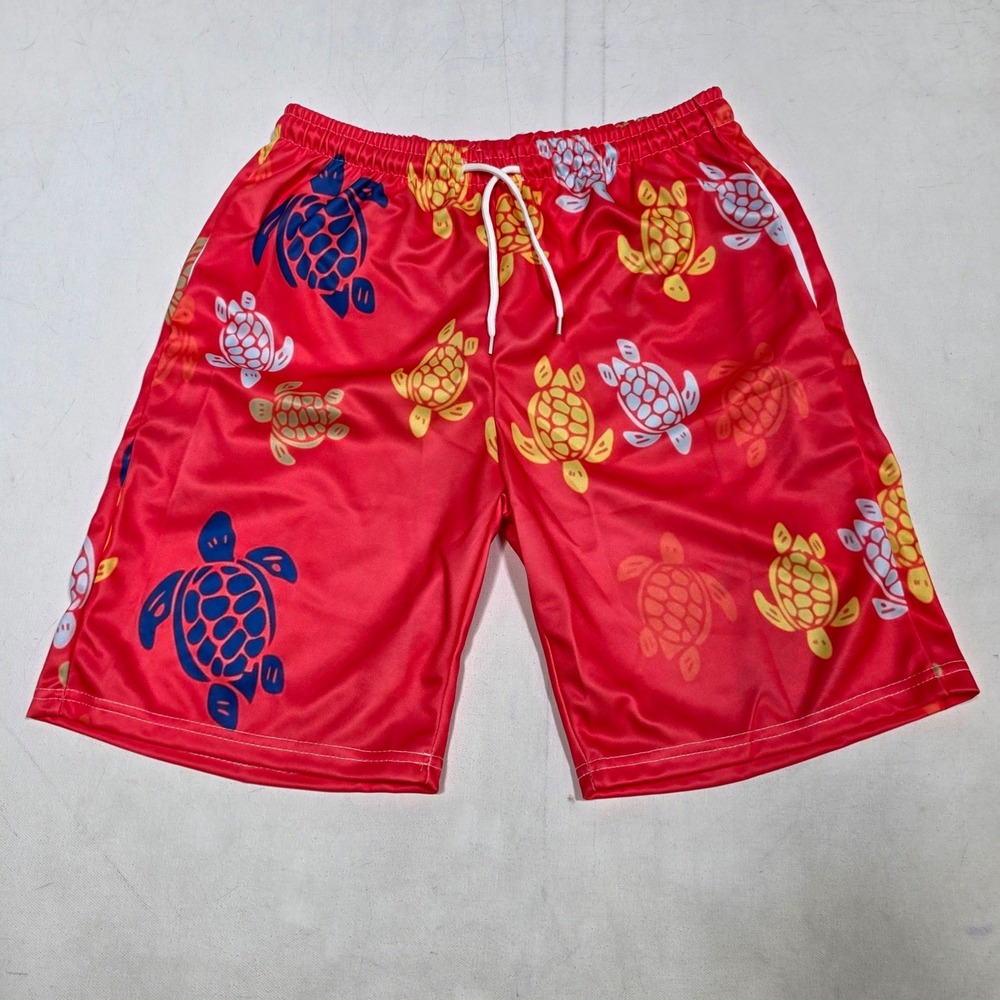 Turtle Print Athletic Shorts Mens Small Red Mesh Casual Beach Summer Tropical